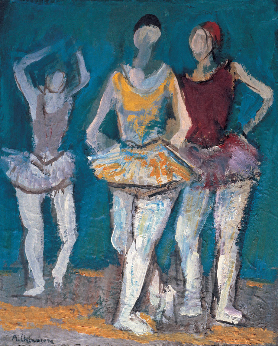 Ballerine su fondo celeste, ann ’80, olio su cartone telato, cm 50x40, Napoli collezione privata